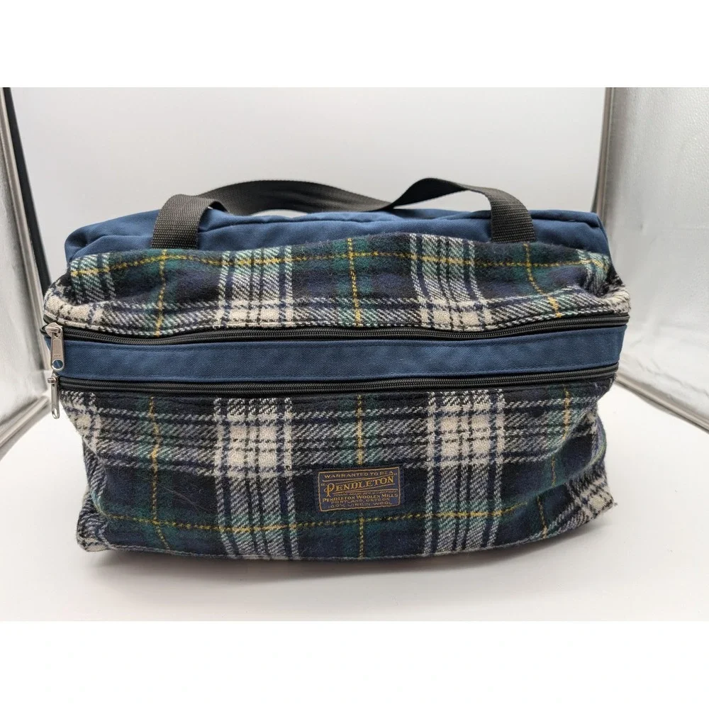 Pendleton Virgin Wool Plaid Duffle Bag Blue Green Tartan Canvas Travel Weekender